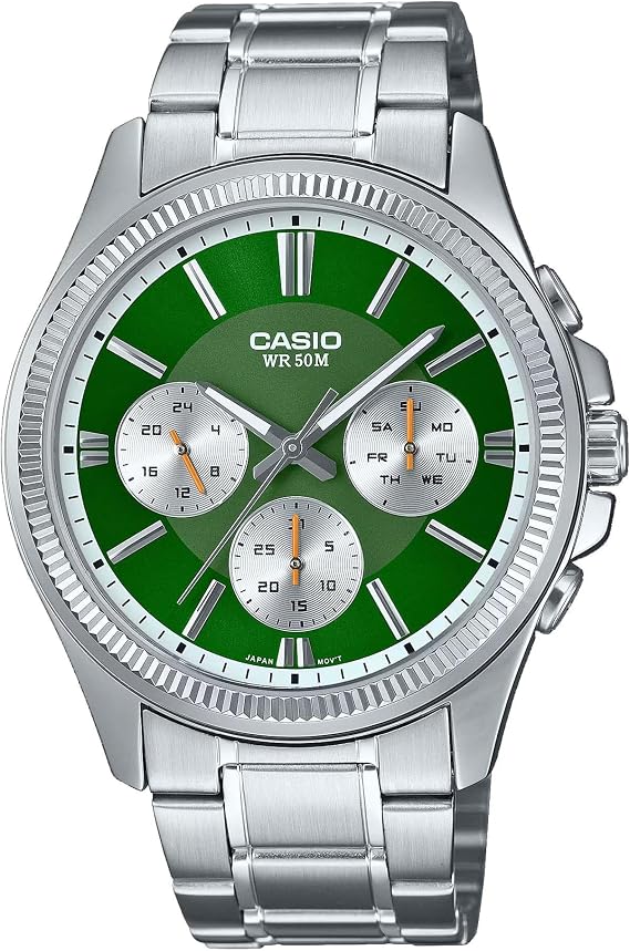 Casio MTP1375D-3AV Men's Stainless Steel Fluted Bezel Multifunction Green Dial Watch, Blue