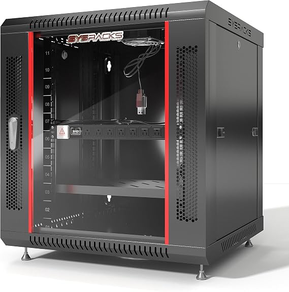 Sysracks 12U ウォールラックマウントサーバー 深さ19インチ ネットワークキャビネット、ファン付きサーバーラック、取り外し可能なサイドパネル、ロックガラスドア 24インチ コンピューターキャビネットエンクロージャ ネットワークラックケース 12.600