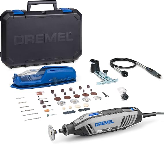 Dremel 4250 döner alet seti, 175 W, 3 ek cihaz ve 45 aksesuarlı çok amaçlı alet seti, sabit elektronikli 175 W motor, değişken devir sayısı 5.000 – 35.000 dev/dak