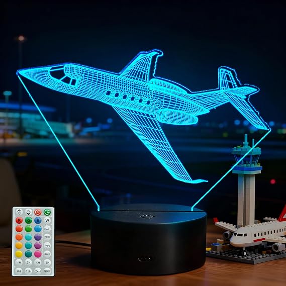 Plane Night Light, Airplane Gifts for Boy, 3D Night Light with Remote Control, 16 Colors Changing, RGB Flashing Mode and Dimmable, Pilot Gifts for Boys Christmas Decor [Energy Class G]