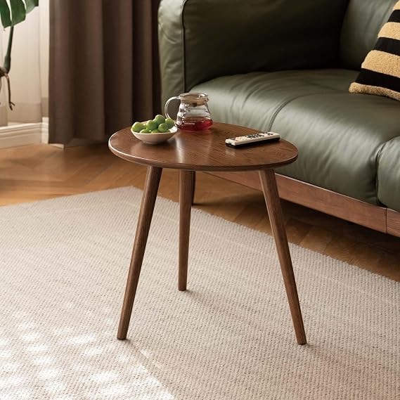 Solid Wood Side Table with Pebble Shape Oval Top, Walnut Finish, 34*50*45cm
