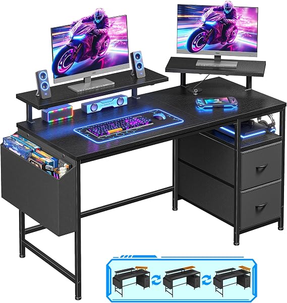 100cm Small Corner Gaming Desk, Black Computer Desk with Dual Monitor Stands, 2 Storage Bags, Side Pocket & Headphone Hooks, Space-Saving Workstation for Bedroom Office Dorm, Easy Assembly