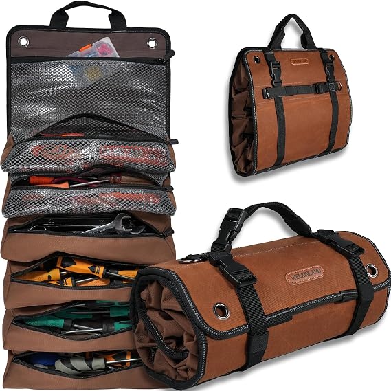 WELKINLAND Heavy-Duty Waxed Canvas Tool Roll, 7-Pocket 15L Tool Bag Roll