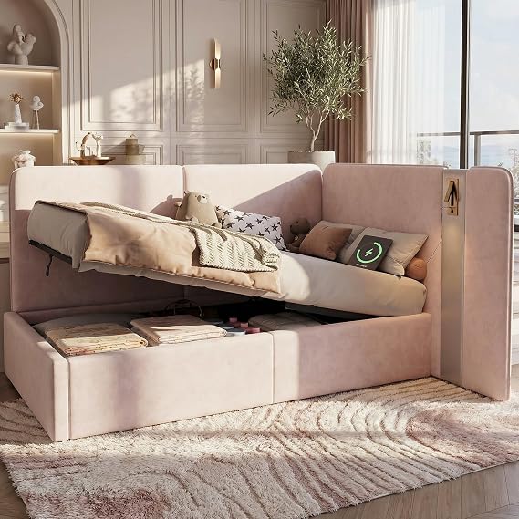 BTM Daybed, 3FT Single Bed 90x190cm, L-shaped Upholstered with Storage, Sofa Bed, hydraulic bed with USB charging port and reading lamp, Velvet, pink