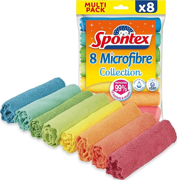 Spontex Microfibre Cleaning Cloths | 8 Microfibre Collection Cloths | Use as Dust Cloths & Tea Towels | 30 x 30 cm | Assorted Colours | 8 Pack