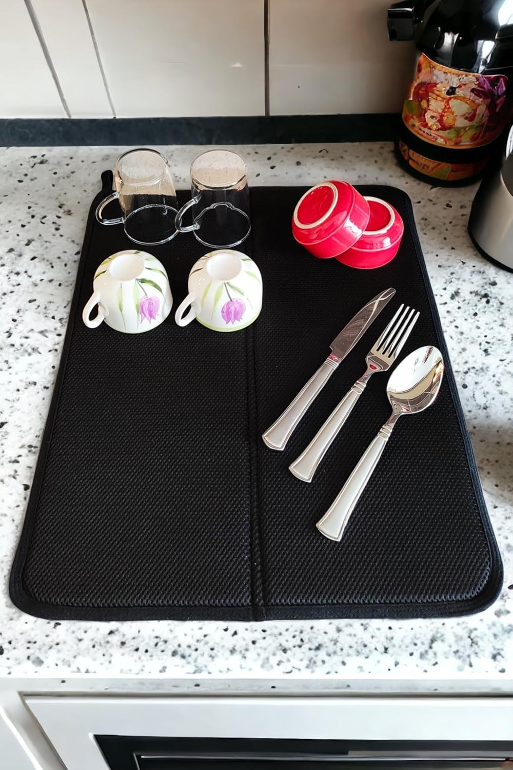 Dish Drying Mat, Dish Drying Cover, Non-Slip Base Absorbing Dishwasher, Folding Dish Mat 49x40cm Black