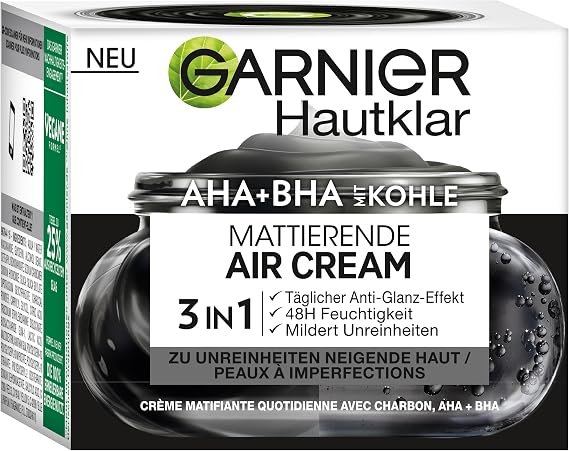 Garnier SkinActive AHA+BHA Mattifying Face Cream Air Cream for Impurity Prone Skin, SkinActive AHA+BHA with Charcoal 3-in-1, 50ml