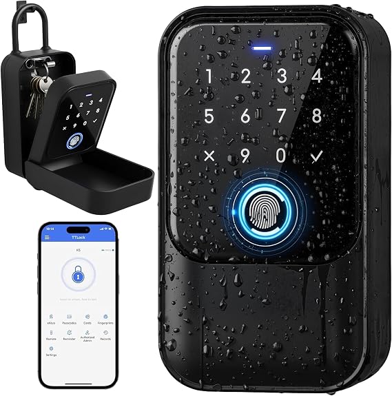 Smart Key Lock Box, TTLock App Control Bluetooth Lock Box for Keys with Code, Fingerprint, Access Card, IP65 Waterproof Shackle/Wall Mount Key Lockbox Safe for Airbnb Realtor Home Office