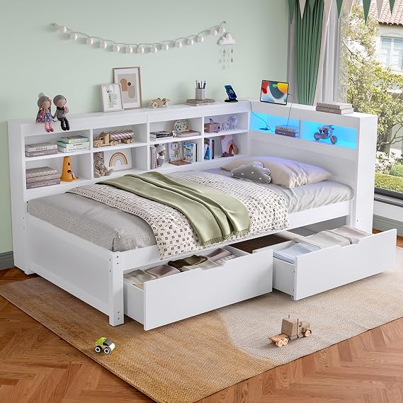 Miyemo Single Bed Frame with Storage Drawers & Beside Storage, 3ft Cabinet Platform Bed with LED-Lighting & Charging-Station, Wood Daybed for Living Room/Bedroom/Study Room, 90x190cm, (No Mattress)