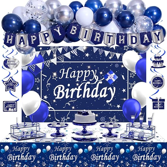 Blue and Silver Birthday Decorations for Men, Blue Brithday Decoration for Men Boys Women Girls Happy Birthday Decoretions Balloons Banner Tablecloth Backdrop Hanging Swirls Decor Balloon Arch Kit