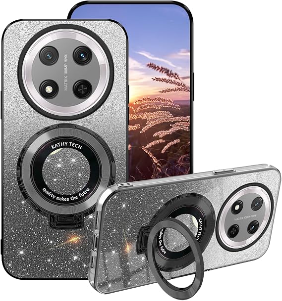 Honor Magic 7 Lite ケース シリコン リングホルダー付き Honor Magic 7 Lite スマホケース キラキラ 透明 二層 取り外し可能 ソフト TPU 耐衝撃 保護 スリムカバー ブラック