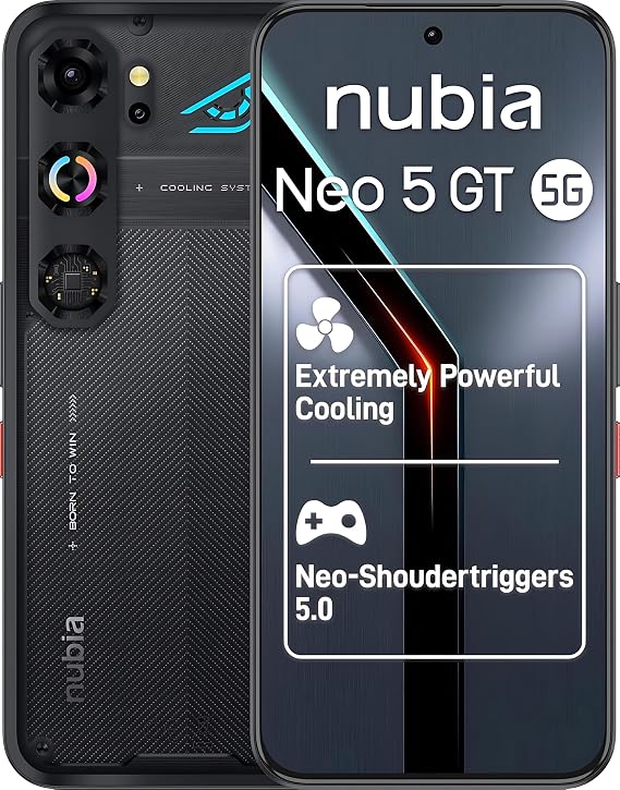 ZTE nubia Neo 5 GT 5G, AI Gaming Smartphone, 12GB+256GB, Side Triggers, Built-in Physical Fan, 6.8" 1.5K 144Hz AMOLED Display, 6210mAh Dual Cell, Android 16, Black (Phantom Black) [Energy Class A]