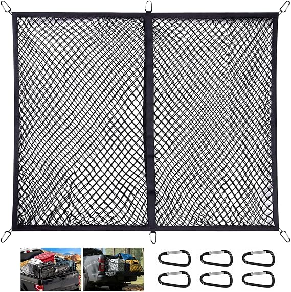 Highly Elastic Cargo Net for Van with 6 Hooks - Pickup Truck Bed Cargo Net Mesh Organizer for Car Boot & Van Storage - 4' X4' Expands to 7'x7' (Single Layer) - Ideal for Daily Light Loads