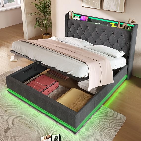 Grey Double Ottoman Bed Frame, 4ft6 Upholstered Bed with Hydraulic Storage and 360 LED Lighting, Modern Linen Platform Bed with USB Charging and Slatted Support - 206 x 148 x 104 cm