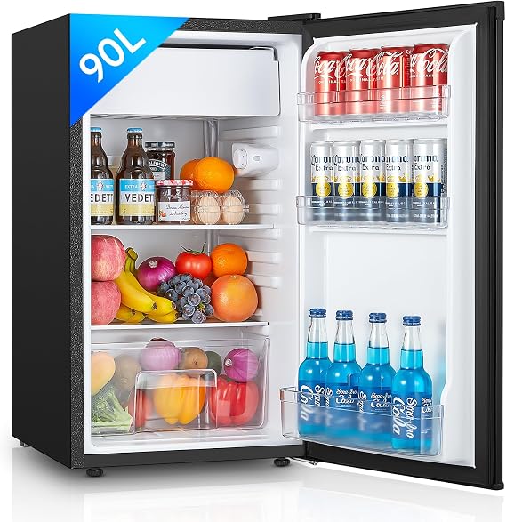FOHERE Under Counter Fridge 90L, Freestanding Refrigerator with Chiller Box, Adjustable Thermostats & Legs, Removable Shelf, Reversible Door, Energy Efficient, Black [Energy Class E]