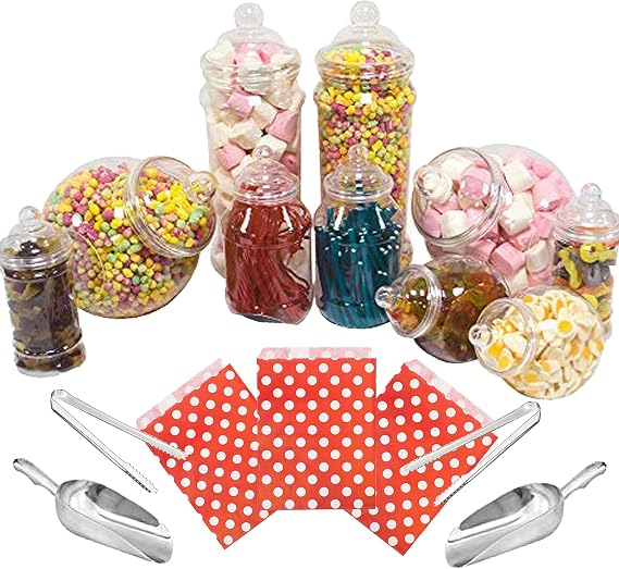 10 Mixed Jar Retro Pick & Mix Victorian Sweet Shop Candy Buffet Kit Party Pack with Scoops, Tongs & Bags - Red Polka Bags