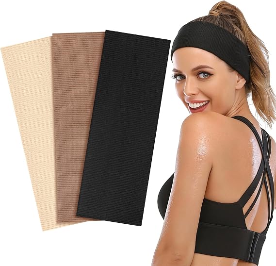 Headbands for Women's Hair 3 Pcs Cotton Elastic Sports Headband Thin Hair bands Wide Head Bands Adult Women Unisex Sweat Soft Anti-Slip Fashion Hairband for Running Makeup Skincare Gym Yoga