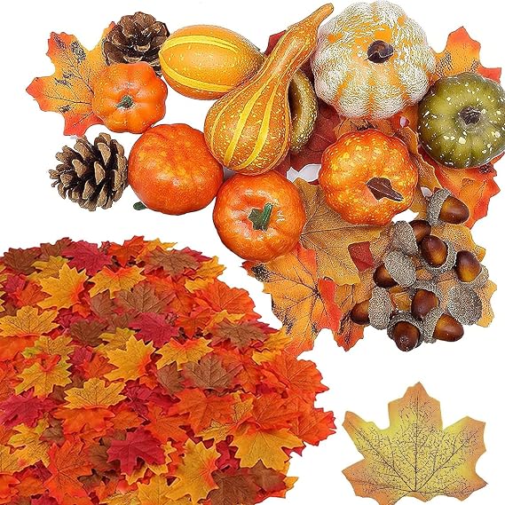Artificial Pumpkins Autumn Decorations,120Pcs Autumn Fall Home Decor Artificial Pine Cones/Pumpkin/Maple Leaves/Gourds/Small Acorns for Autumns Wreath Garland Thanksgiving Halloween Home Decorations