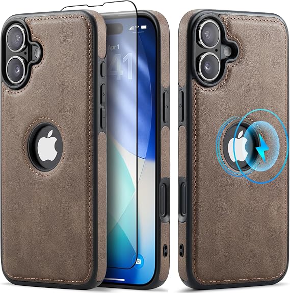 Casus iPhone 16 用 ケース MagSafe対応レザースリムロゴビュー 豪華でエレガントな薄型カバー 強化ガラススクリーンプロテクター2024c - グレー