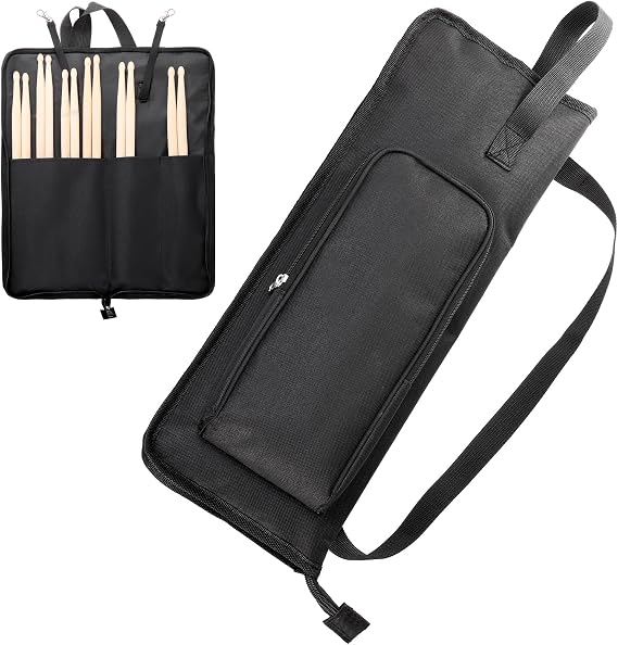 Drumstick Bag Holder with Crossbody Shoulder Strap, Large Capacity Hangable Drum Sticks Bag Case with Anti-falling Pockets for Drumsticks Brushes Mallets, Portable Handbag with Handle, Black,