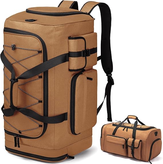 Large Gym Bag Backpack with Shoes Compartment, 70L Heavy Duty Sports Duffle Bag for Men & Women, Workout Duffel Bag, Weekender Overnight Backpack for Travel Camping, Khaki