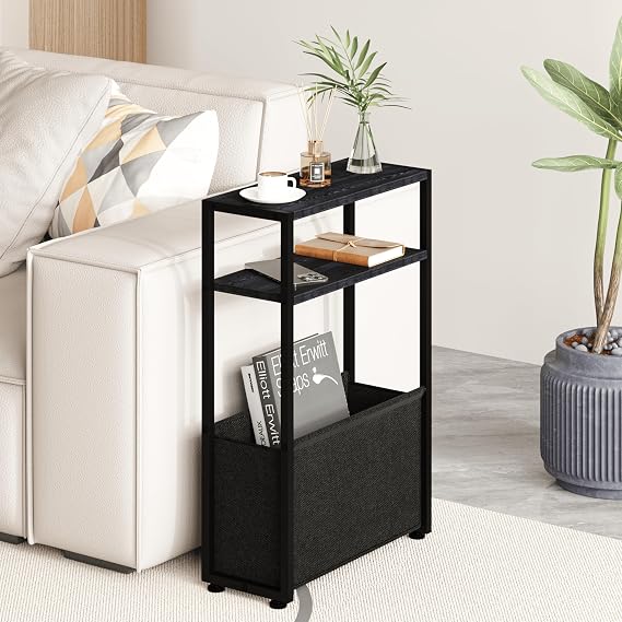 JERX Narrow Side Table with Fabric Basket, End Table for Small Spaces, Slim Side Table with Magazine Rack for Living Room Office Bedroom and Bathroom