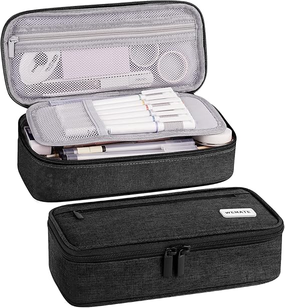 WEMATE 3 Compartments School Cases, Small Pencil Case, School Bag, Pen Case, Portable Pen for Students, Black