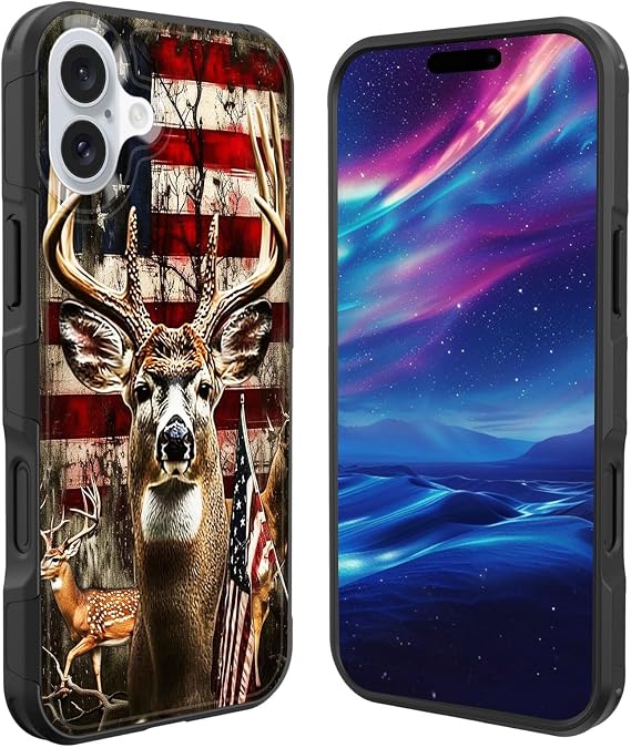 iPhone 16 Plus用ケース、10フィートの軍用グレードの落下保護 滑り止め 高耐久 耐衝撃 携帯電話ケース iPhone 16 Plus 6.7インチ 2024年用、迷彩鹿 アメリカ国旗