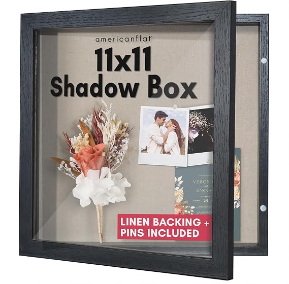 Americanflat Front Opening 11x11 Shadow Box Frame with Shatter-Resistant Glass - Silhouette Collection - Shadow Box Display Case for Tabletop and Wall Display - Black