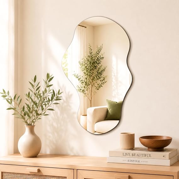 PERFNIQUE Asymmetrical Irregular Wall Mirror, 86 x 52 cm Decorative Modern Mirror for Bathroom Bedroom Living Room Entryway, Cloud Frameless Mirror, Wall Mounted