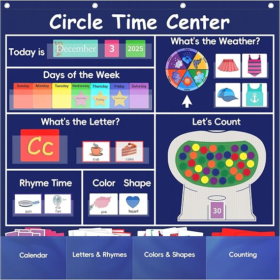 Circle Time Learning Center Classroom Pocket Chart,Circle Time Calendar Preschool Include 224 Cards, Educational Pocket Chart Material,Learning Calendar Weather Letter Counting Color Shape