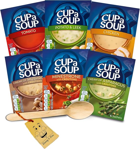 Cup a Soup Multipack Bundle Which Includes: 6x Batchelors Cup a Soup | Cream of Asparagus, Tomato, Chicken, Mushroom, Minestrone, Potato & Leek Flavour Instant & 1x Wooden Spoon by Donny & Dev
