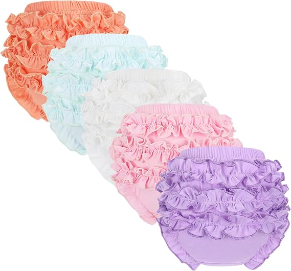 5 Pack Ruffle Diaper Cover - Baby Bloomers, Cute Cotton Baby Girl Shorts,Ruffled Tiered Bloomers Elastic Briefs for Toddler Girls