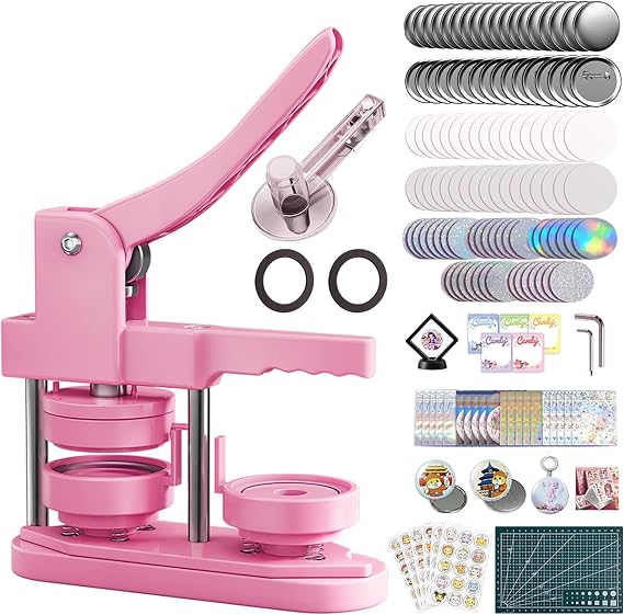 Button Maker Machine 58mm - 3rd Generation No Installation 2.25" DIY Badge Button Maker Press Machine Badge Punch Press with 100 Buttons Parts Picture Pink, 2.25"/58mm
