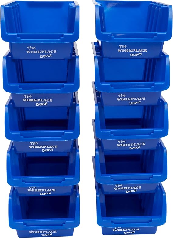 The Workplace Depot Plastic Storage Bins - Stackable & Space-Saving Organisers for Small Parts & Components -Pack of 10 - 75(H) x 105(W) x 162(D) mm (Blue)