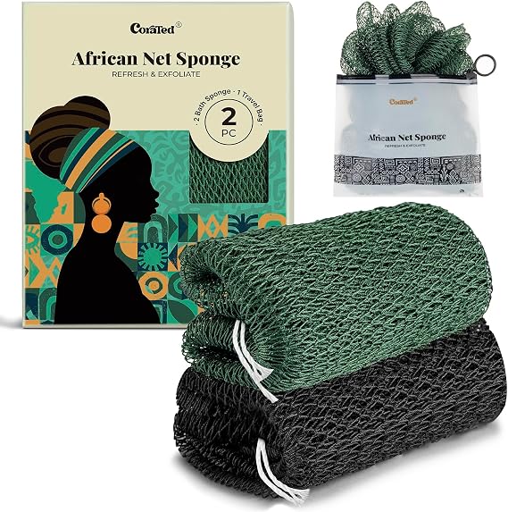 CORATED 2Pcs African Net Sponge,Exfoliating Mesh Net,Black & DarkGreen