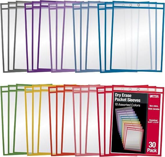 Better Office Products Dry Erase Pocket Sleeves, 30 Count, Crystal Clear, by , Oversized, 10.25 x 13.75, Heavy Duty Dry Erase Pocket Sheet Protectors, Reusable Pockets with 10 Assorted Colors,30 Pack