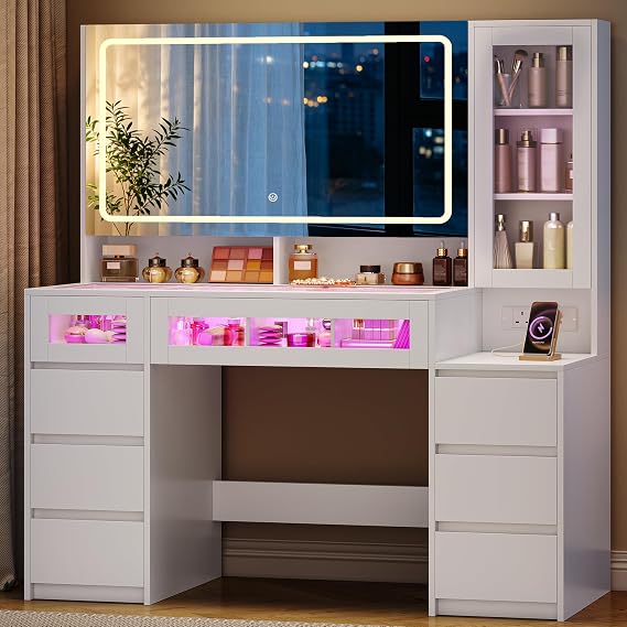 Hzuaneri Dressing Table with HD Large Mirror, RGB Light, Glass Tabletop