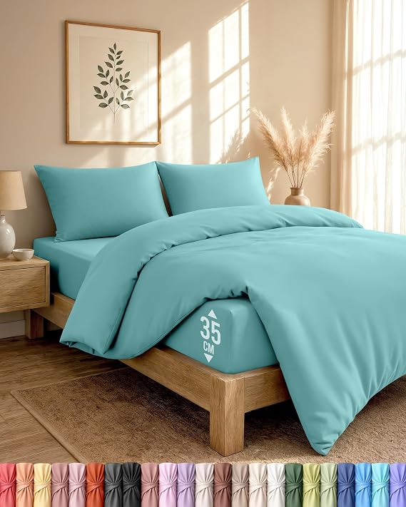 Utopia Bedding Double Duvet Cover, Fitted Sheet with Pillow Cases (Spa Blue)