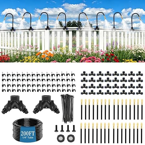 200FT Drip Irrigation System Kit, Garden Watering System with 32 360° Adjustable Spray Rods, 1/4 Inch Irrigation Hose & Quick Connect Y Splitters for Greenhouse Outdoor Plants