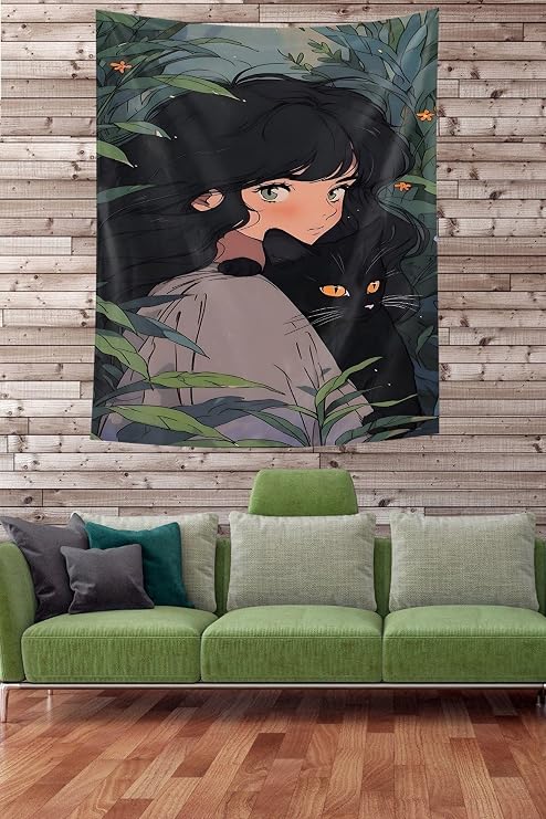 Ontheclouds Kız Ve Kara Kedi Leke Tutmaz Kumaş Duvar Örtüsü Duvar Halısı Tapestry, 70 x 70