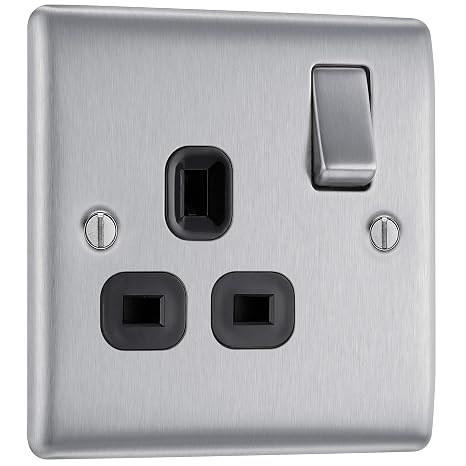 BG Electrical Single Switched Power Plug Wall Socket, Raised and Slim Profile, Round Edges, Nexus Metal, Brushed Steel, Black Inserts, 13A, NBS21B
