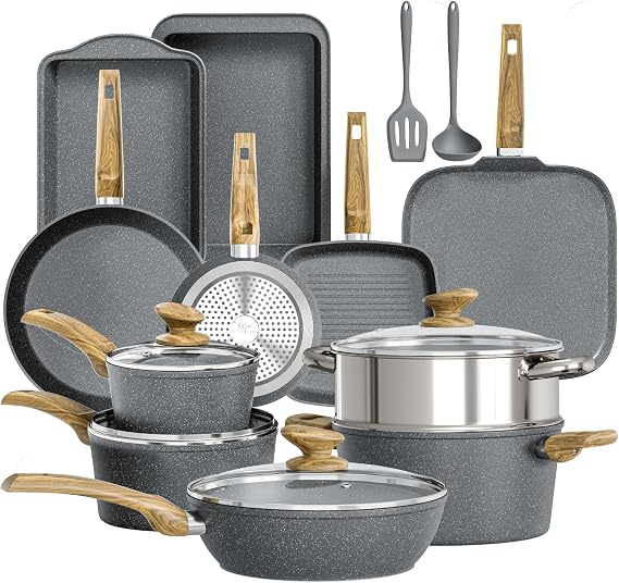 DishDelight 17pcs Kitchen Cookware Set Pots and Pans Set Non Stick Induction Hob Pan Set Frying Pan with Lids Granite Coated Saucepans Set (Grey)