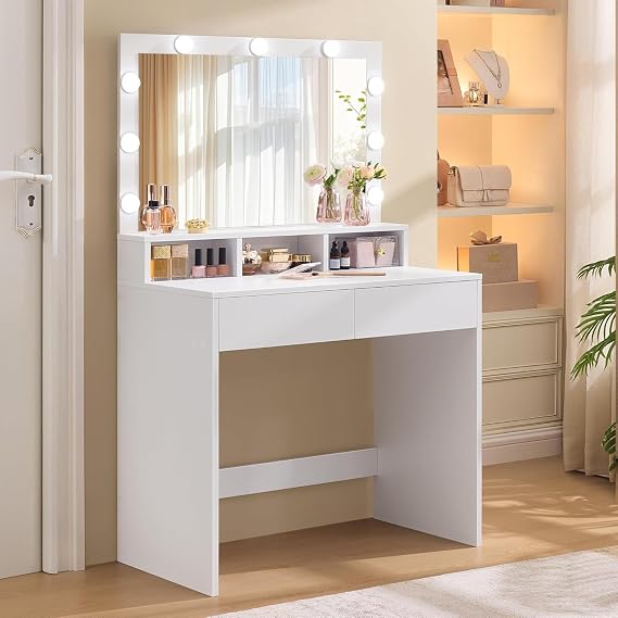 VASAGLE Dressing Table with Mirror, 3 Light Colors, Adjustable Brightness