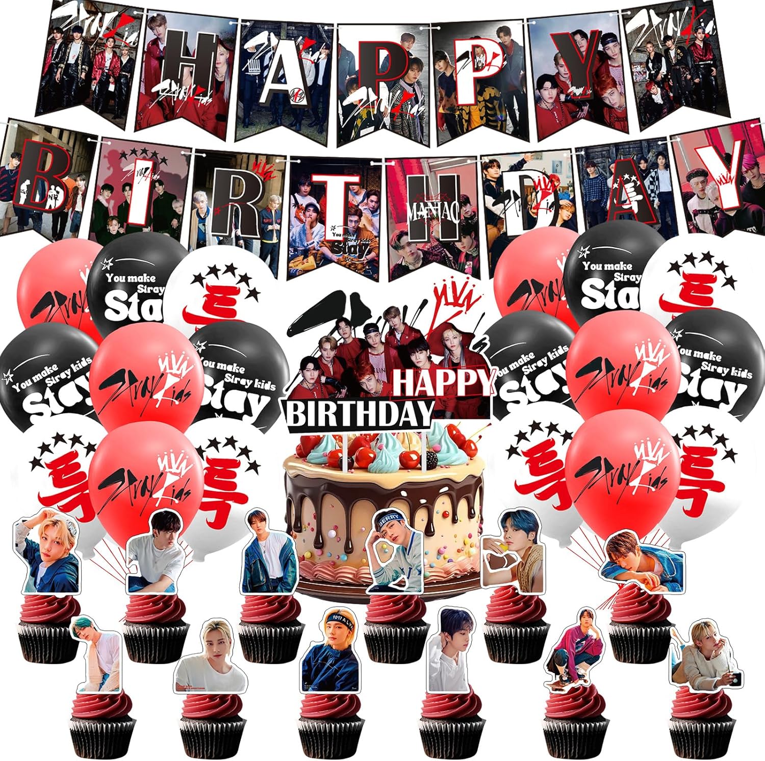 NlsqUK Stray Party Balloon Decorations, Stray Birthday Decorations Set Including Happy Birthday Banners Cake Toppers Balloons, Themed Party Supplies for Stray Fans