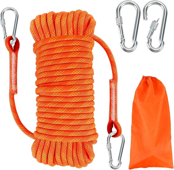 10 mm x 20 m Climbing Rope Outdoor Safety Rope Nylon Rope Static Climbing Rope with 2 Carabiners Rescue Rope Fire Rescue Parachute Rope for Working at Height Fire Ladder Abseiling Sports