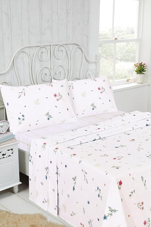 Rapport Home Flannelette King Size Sheet Set - Meadow Floral Brushed Cotton 4 Piece Bed Sheet Set