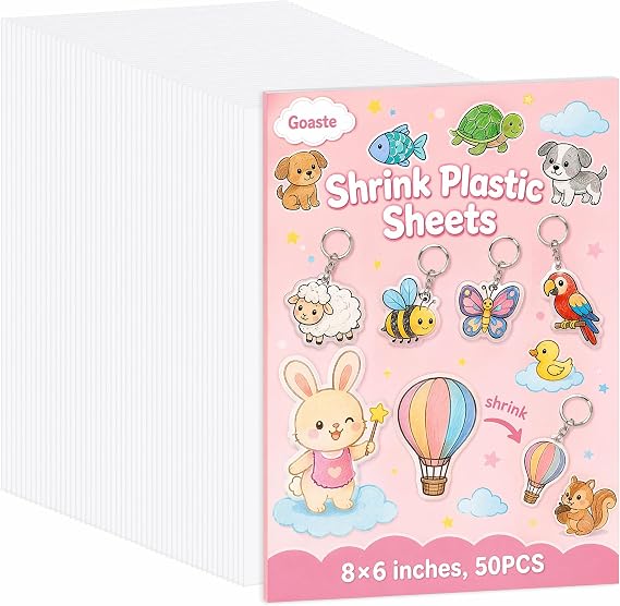 Goaste 50 Pack Shrink Plastic Sheets, 7.9 x 5.7 inch Blank Shrink Film Paper, Sanded Shrink Paper Sheets for Creative Craft, DIY Ornaments Craft, Create Your Own Earrings, Necklace, Keychains