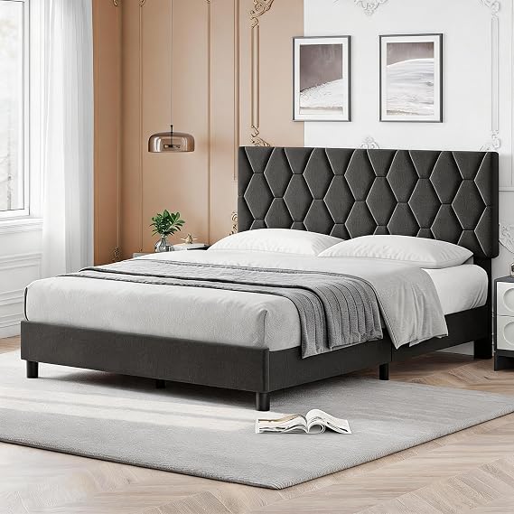 Double Bed Frame 135x190cm, Upholstered Diamond-Tufted Adjustable Headboard