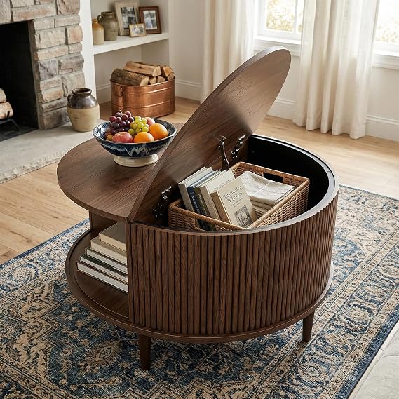 Round Coffee Table with Lift-Top Storage and Open Shelf, Walnut Brown, Fluted Design, 80cm